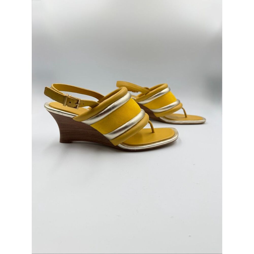 Tory Burch Yellow Metallic Puffy Leather Wedge Sandal Slingback Open Toe Size 9M - Picture 5 of 12
